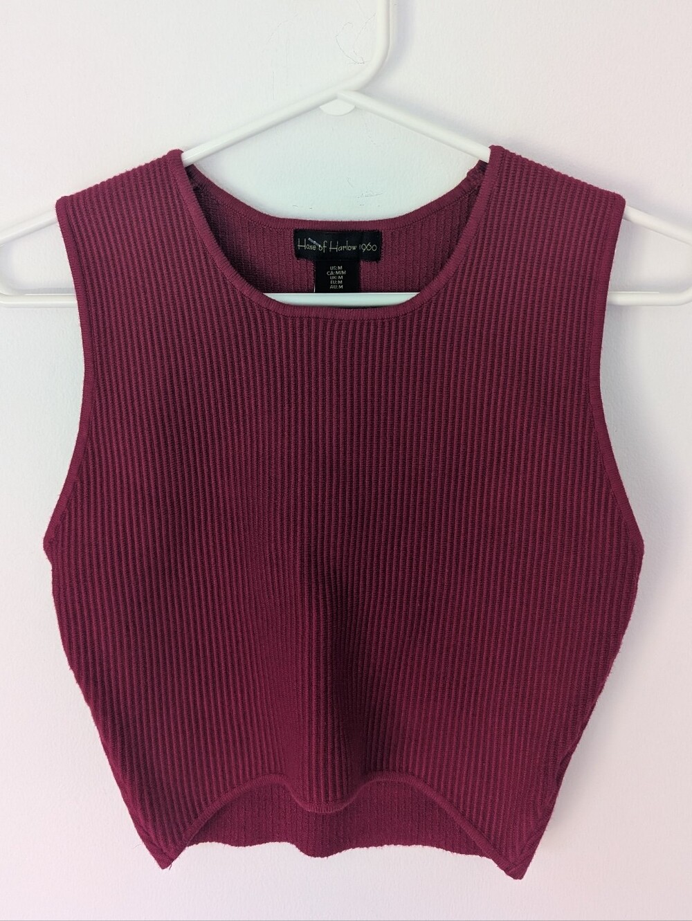 House of Harlow 1960 - Sculpt Knit Cropped Ribbed Bodycon Top Burgundy Sz M